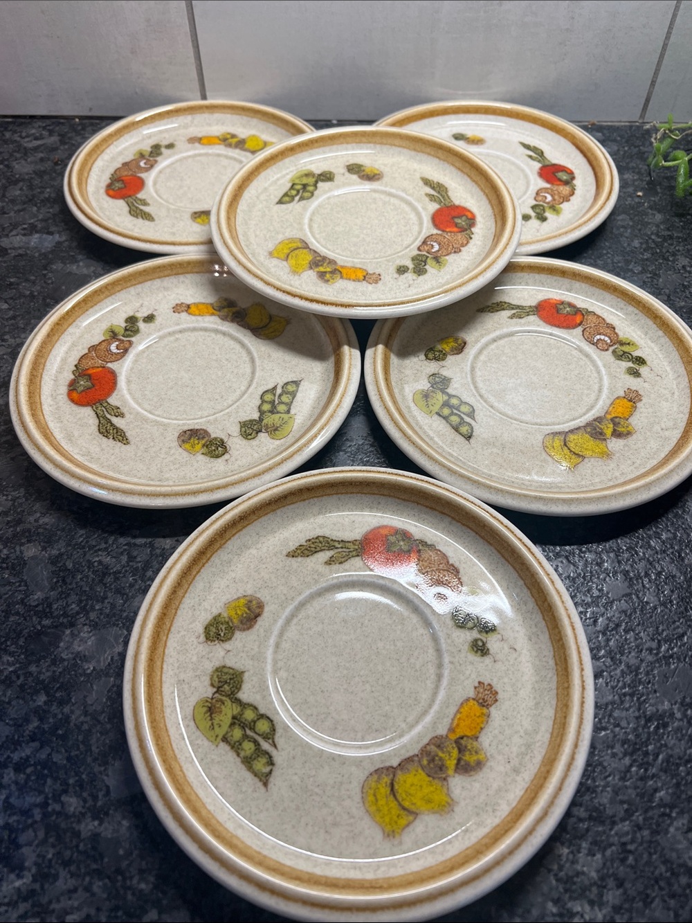 Set of 6 Mikasa STONE MANOR MARKET BASKET saucers. Like new!!